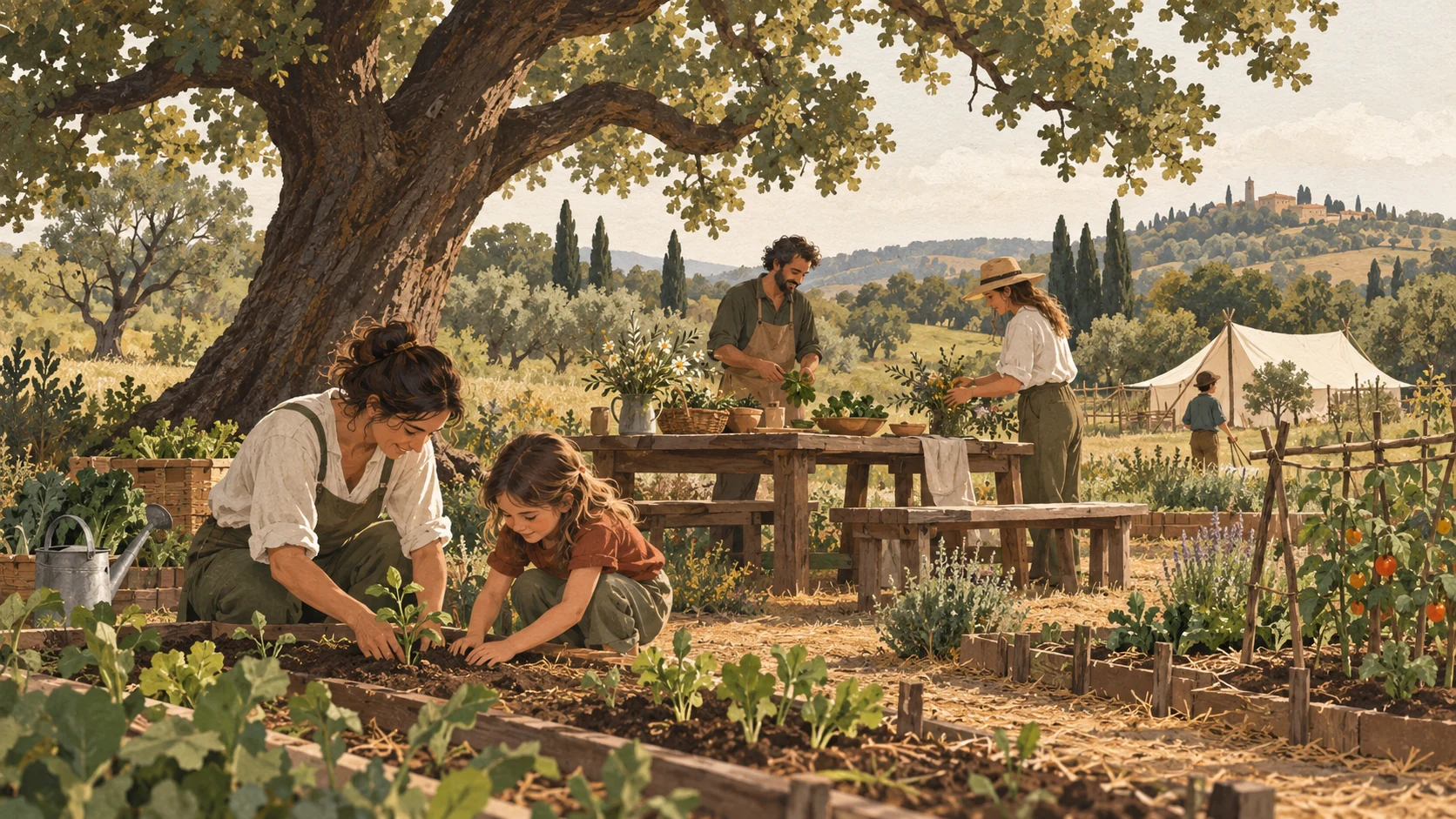 Illustrazione di un orto condiviso con una grande quercia, persone impegnate in attività educative e un tavolo comune.