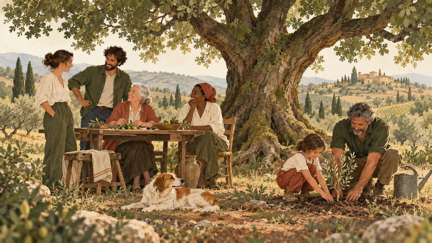 Illustrazione di persone di diverse generazioni riunite sotto una quercia, tra conversazione e cura di una pianta.