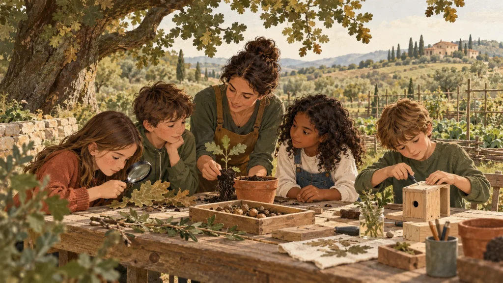 Illustrazione di un laboratorio all’aperto con bambini, un educatore, piante, lente d’ingrandimento e un piccolo lavoro in legno.
