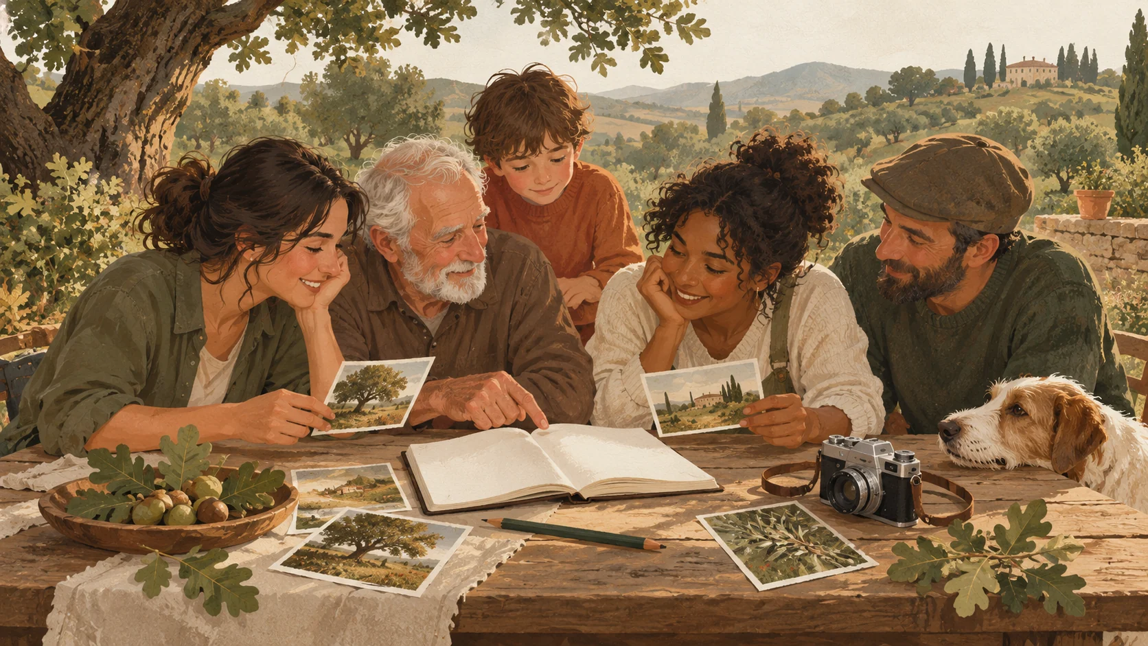 Illustrazione di un quaderno, una macchina fotografica e foglie su un tavolo all’aperto, dedicata ai racconti dell’associazione.