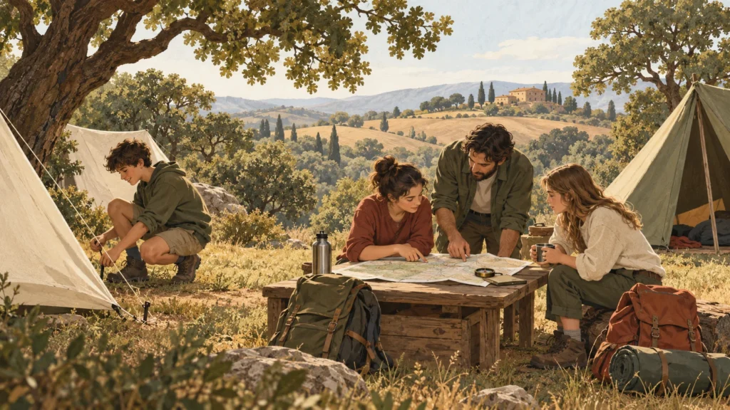 Illustrazione di un piccolo campo con tende, zaini e un gruppo che collabora sotto gli alberi.