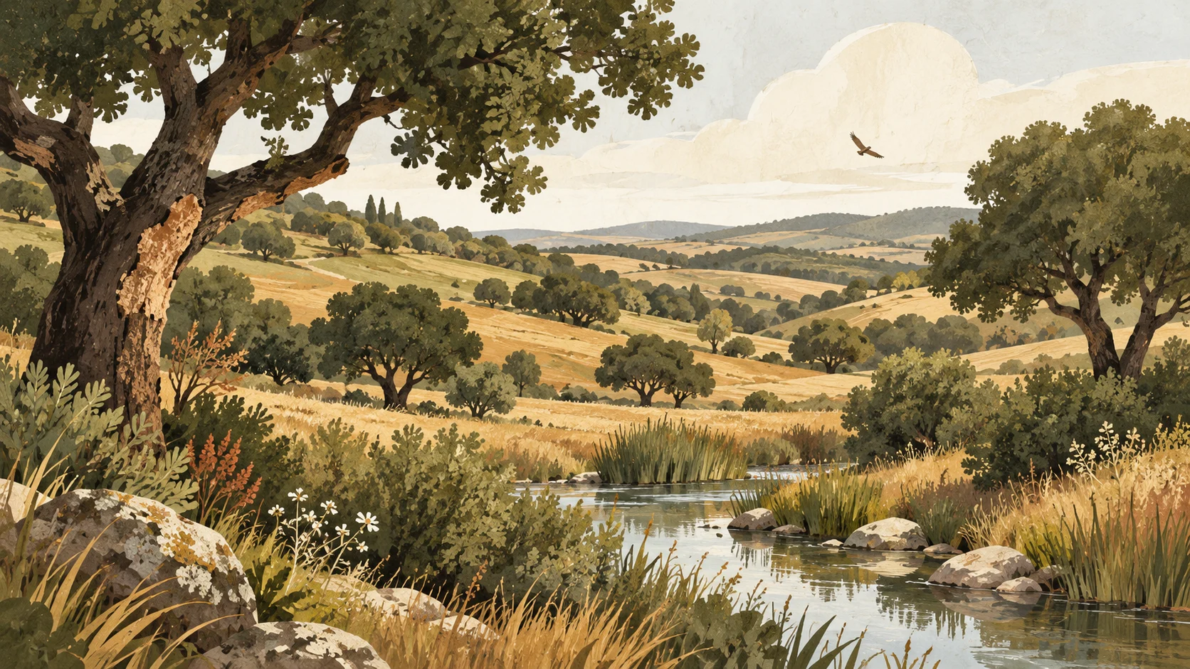 Illustrazione del paesaggio rurale romano con querce, prati, siepi e un piccolo corso d’acqua; rappresentazione tematica della Riserva.