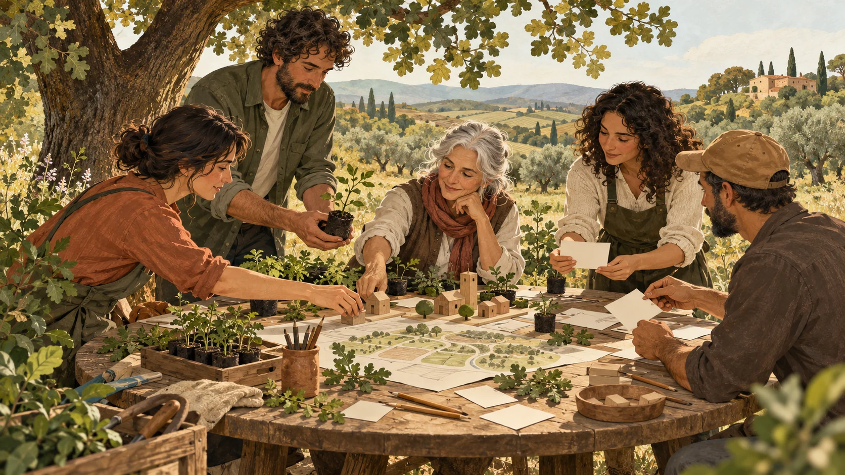 Illustrazione di persone che condividono idee e materiali a un tavolo di progettazione all’aperto.
