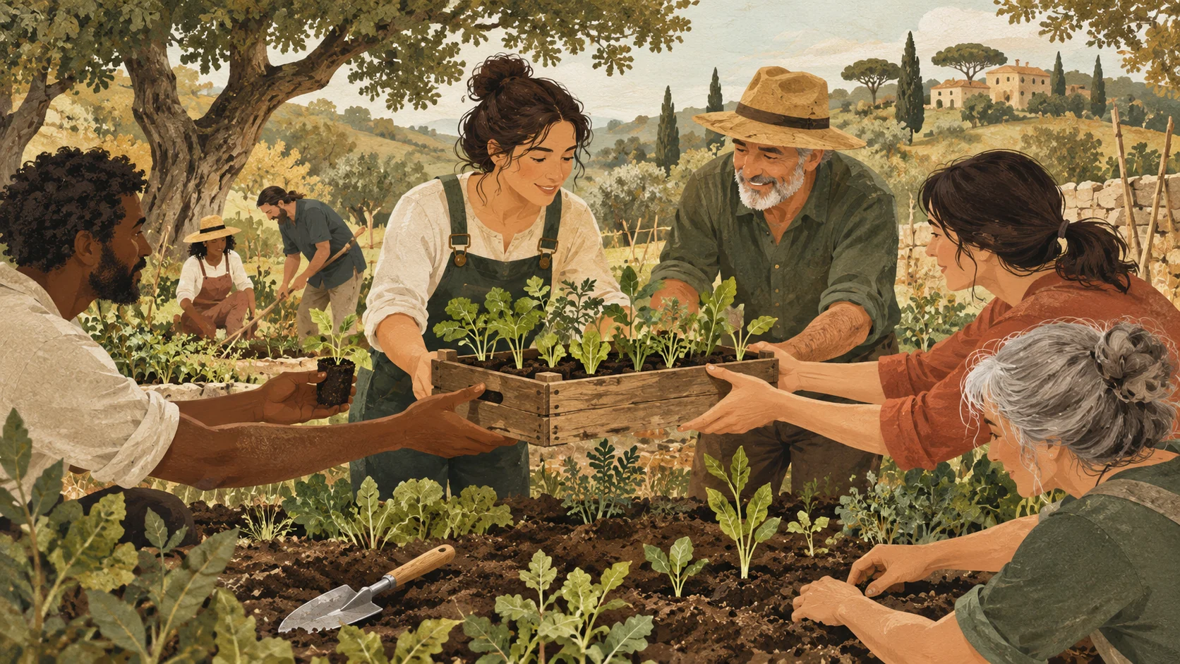 Illustrazione di mani che condividono un vassoio di piantine e preparano insieme il terreno.