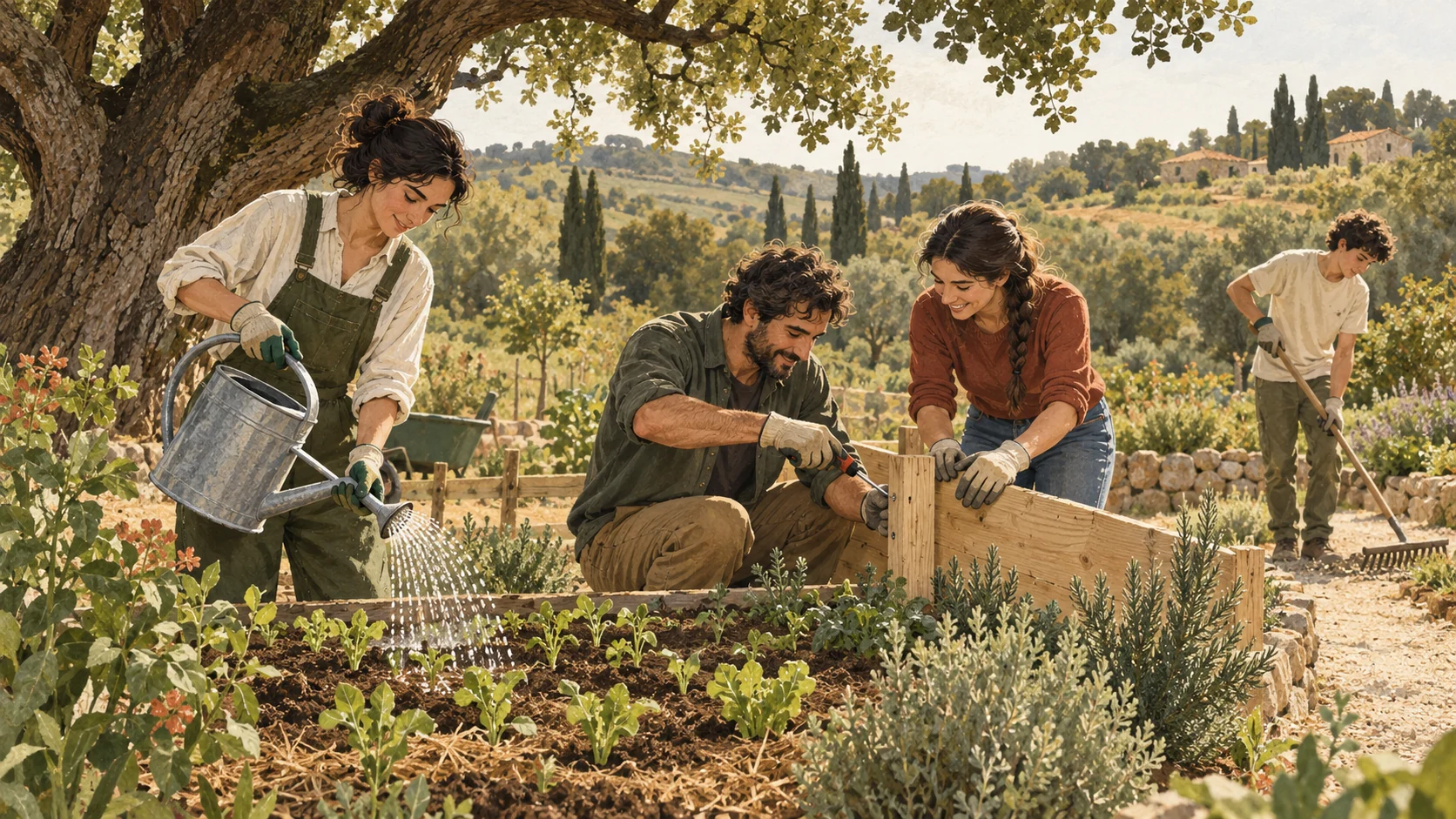 Illustrazione di persone impegnate insieme nella cura delle piante e in semplici lavori di manutenzione di un giardino.